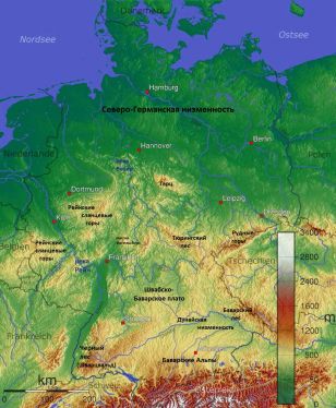 Рельеф Германии. Физическая карта.